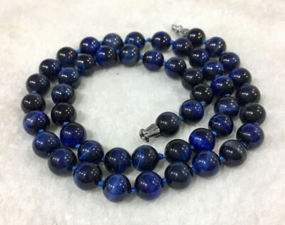 Lindo colar de contas redondas de pedra preciosa olho de tigre azul escuro natural 8 mm 18""  - Imagem 1 de 3