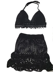 NEW 2 PIECE SEXY BLACK HAND CROCHET WOMAN SWIMSUIT / ONE SIZE - Picture 1 of 5