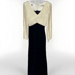 Vintage George F. Couture Dress Sz 6 Black Cream Formal Satin Pleated Gown Lace* - Picture 1 of 24