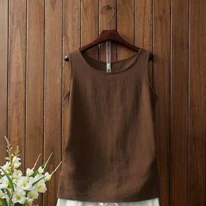 Women Linen Cotton Vest Sleeveless Top Retro Strap Camisole Tee Shirt Tank Top - Picture 1 of 18
