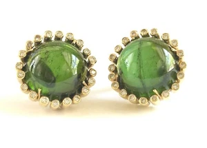 Turmalin Cabochon Diamant 18k Gelbgold Omega Clip durchbohrte Ohrringe - Bild 1 von 9