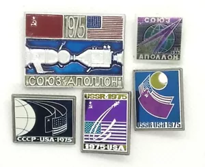 Space Soviet-USA Programm. SOYUZ-APOLLO. Set of 5 pin badges. - Picture 1 of 8