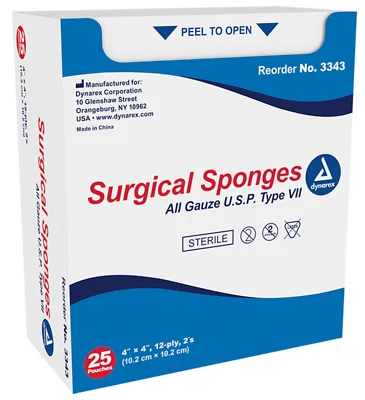 Dynarex Esponjas Quirúrgicas Estériles Todo Gasa, 4" x 4", 12 Capas, 2's - Caja de 50 Foto 1 de 2
