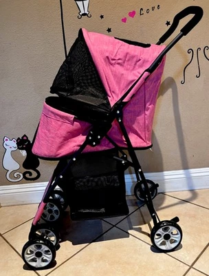 4 Wheels Pet Dog Cat Stroller with Storage Basket and Cup Holder - Pink Color - Image 1 of 4
