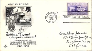 National Capital Sesquicentennial The Supreme Court 11/22/1950 Mail Cover FDC - Picture 1 of 1