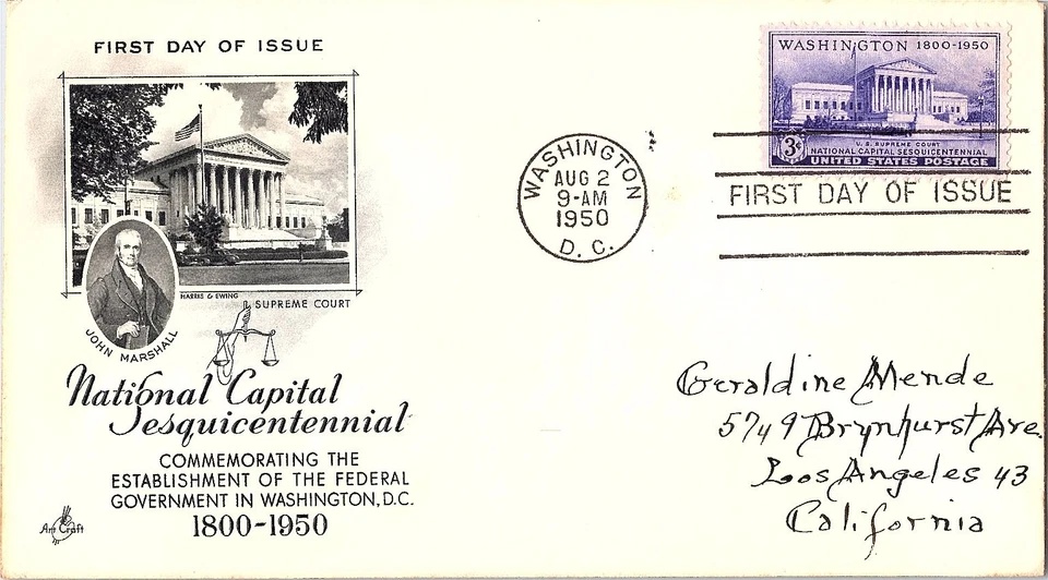 National Capital Sesquicentennial The Supreme Court 11/22/1950 Mail Cover FDC - Image 1 of 1