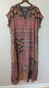 Johnny Was Silk Odelia Maxi Dress Kaftan Large Artsy Boho Beach Slits Henley - Picture 1 of 10
