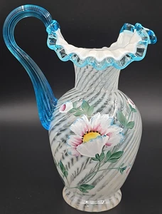 Fenton Art Glass Pitcher Ruffle Edge Spiral Optic Hand Painted Artist Signed - Picture 1 of 15