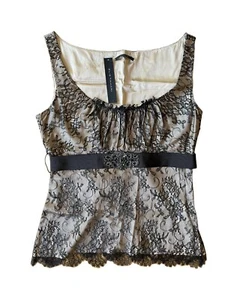 ELITE TAHARI Sheer Black lace Top w Gold Lining Tie back Sleeveless Sz S  NWT - Picture 1 of 15