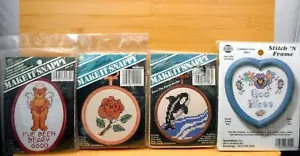 Lot-4 Counted Cross Stitch Kits 3-Make It Snappy-Whale-Rose-Bear 1-NMI w/ Frames - Picture 1 of 4