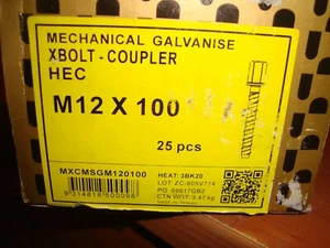 XBOLT COUPLERS M12 x 100mm box of 25,mech galv, concrete anchors for thread rod - Picture 1 of 5