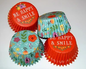 Muffin-Papierbackförmchen "BE HAPPY & SMILE, BLUMEN" maxi - 48 Stück - Bild 1 von 1