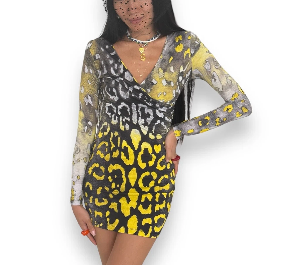 $1545 VERSACE Amarillo Plata Animal Manga Larga Imitación Envoltura Mini Vestido XS Mobwife Foto 1 de 4