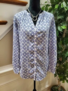 Jaclyn Smith Women's Blue & White Polyester V-Neck Long Sleeve Casual Blouse L - Picture 1 of 12