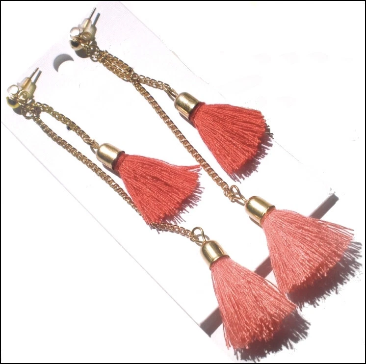 Boucles d'Oreille Neuves Pompons Corail Monté Or - Photo 1/3