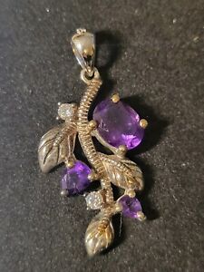 Two Tone Amethyst Leaves 925 Sterling Silver Necklace Pendant 1622