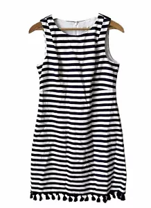 Eliza J Striped Dress Size 4 Tassel Trim Linen Blend Lined Sheath Career Flaw - Picture 1 of 13