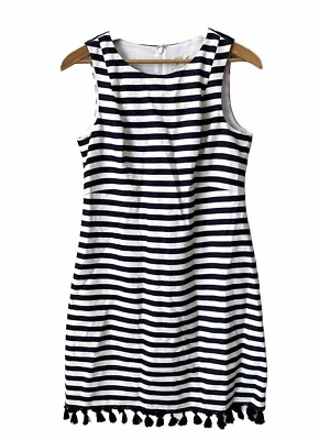 Платье Eliza J размер 4 в полоску кисточки отделка оболочка льняная смесь карьера с подкладкой дефект - Изображение 1 из 4