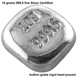 10 Grams 999.5 Fine Silver Certified Bullion Hand Poured Ingot Bar - Picture 1 of 3