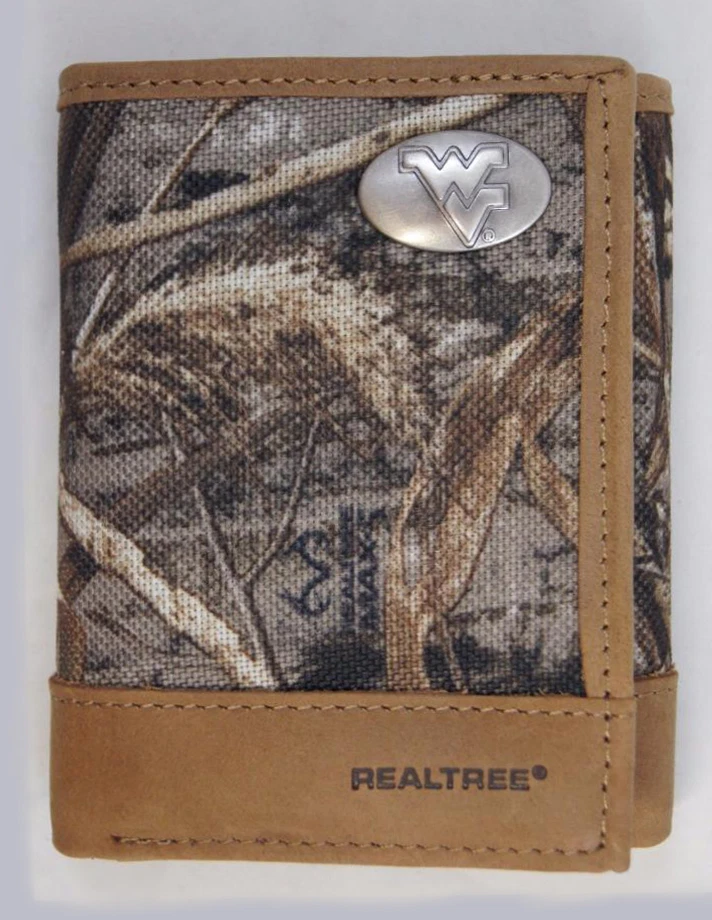 West Virginia Mountaineers Trifold Realtree Max-5 Camo & Leather Wallet w Concho - Image 1 of 4