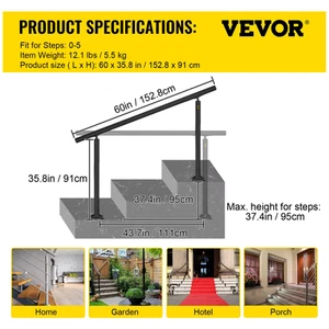 Succebuy Handrail for Outdoor Steps Aluminum Stair Handrail Fit 0-5 Steps W/ Ins - Picture 1 of 14