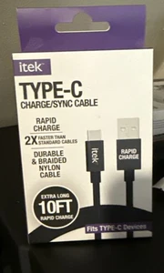 Itek Micro USB Fast Charging Cable 10ft Long NIP Type C - Picture 1 of 2