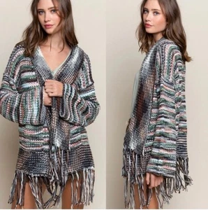 Pol Häkel Pullover Oversize Fransen Offen Cardigan Mehrfarbig Boho Festival /S - Bild 1 von 12