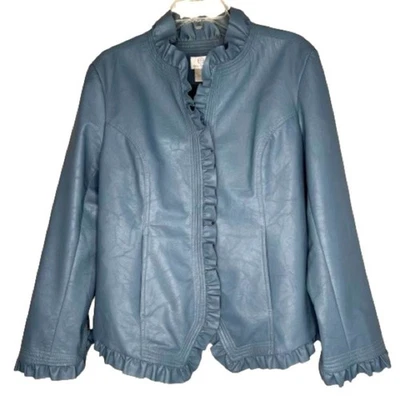 Hot In Hollywood Slate Faux Leather Ruffle Cottagecore Academia Jacket Blazer L - Image 1 of 4