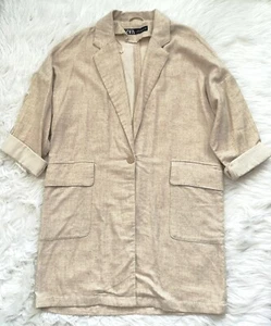 NUEVO SIN ETIQUETAS BLAZER ZARA BEIGE LINO MANGA 3/4 MUY GRAN TAMAÑO TALLA XS - Imagen 1 de 12