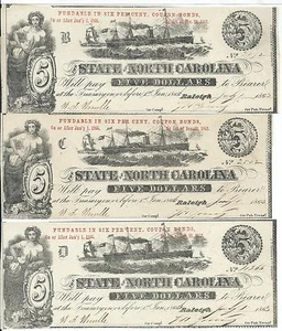 3 1863 Estado de Carolina del Norte Raleigh $5 financiables 6% cupón placas B C D - Imagen 1 de 3