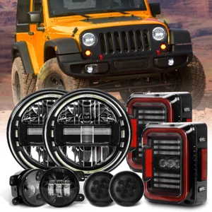 For Jeep JK 07-2018 7" Halo LED Headlights Taillight Turn Signal Fog Lamp Combo - Picture 1 of 18