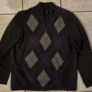 Cashmere Sweater Harrison Davis 100% 2 Ply Leather 1/4 Zip Geometric Mens Large - Picture 1 of 4