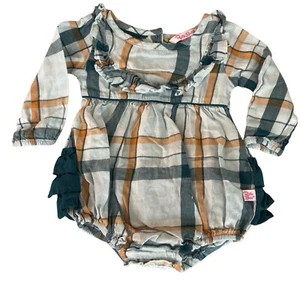 Pagliaccetto RuffleButts Aspen Plaid Ruffle Bubble bambina 6-12M arancione acqua - Foto 1 di 9