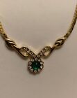Superb French Gold Plated Emerald Cabochon Glass Stone And White Stones Necklace