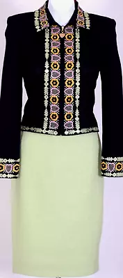 ST.JOHN Mujer Negro Verde Rosa Amarillo Bordado Chaqueta Falda Talla 6-8 Foto 1 de 4