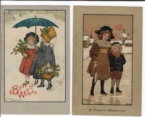 2 postales firmadas por artista inglés Ethel Parkinson niños al aire libre en invierno - Imagen 1 de 2