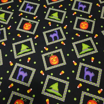 Tricks and Treats BTY Phyllis Dobbs Quilting Treasures Halloween Cat Witch Hat - Image 1 of 3