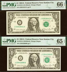 1981A $1 Federal Reserve Note PMG 66EPQ rare JA JB Blocks Kansas City Fr 1912-J - Picture 1 of 6