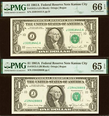 1981A $1 Federal Reserve Note PMG 66EPQ rare JA JB Blocks Kansas City Fr 1912-J - Image 1 of 4