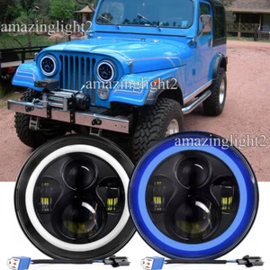 Fit Jeep CJ-7 76-1986 7'' Round LED Headlights Blue Halo Turn Signal Hi-Lo Beam - Picture 1 of 12