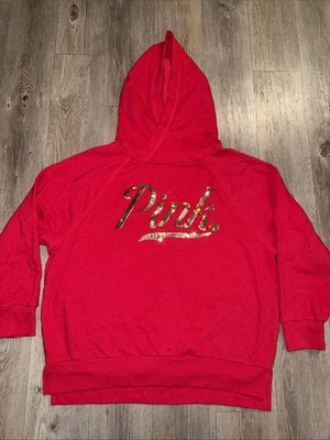 Victoria’s Secret ROSA Rojo Sudadera con Capucha Lentejuelas Logo Pullover Sudadera Mujer’s Grande Foto 1 de 4