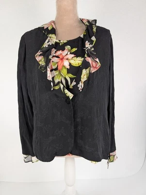 Vintage Y2K Silk Jacquard Cardigan Tank Set Large Asian Print Orchid Crane - Image 1 of 4