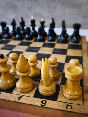Vintage Soviet 70s Chess Set Wooden Pieces 29cm Board Rare Collectible Gift - Image 1 of 4