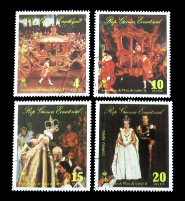Juego de 4 estampillas de Guinea Ecuatorial coronación reina Isabel de Guinea Ecuatorial Foto 1 de 2