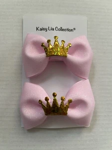 Pair of Pink Glitter With A Gold Crown Hair Bows - Picture 1 of 1