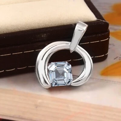 Adorabile Cielo Blu Acquamarina Taglio Asscher 925 Ciondolo Argento Gemma 9x9 MM - Immagine 1 di 4
