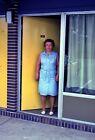1975 Kodachrome Slide OH Ohio Mature Woman Blue Dress Yellow Hotel Motel Door