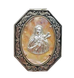Vintage ART NOUVEAU SAINT THERESE Embossed Metal Box for Rosary Silver - Imagen 1 de 8