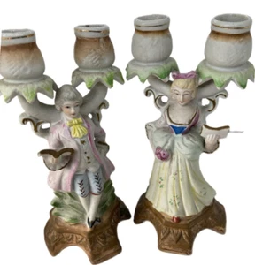 Candlesticks  Couple dressed 18th century Pastel Bisque Vintage SMALL 6" - Picture 1 of 7