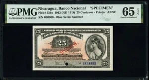 1912 Nicaragua 25 Centavos P-53bs Specimen PMG 65 GEM UNC Graded Banknote - Picture 1 of 2